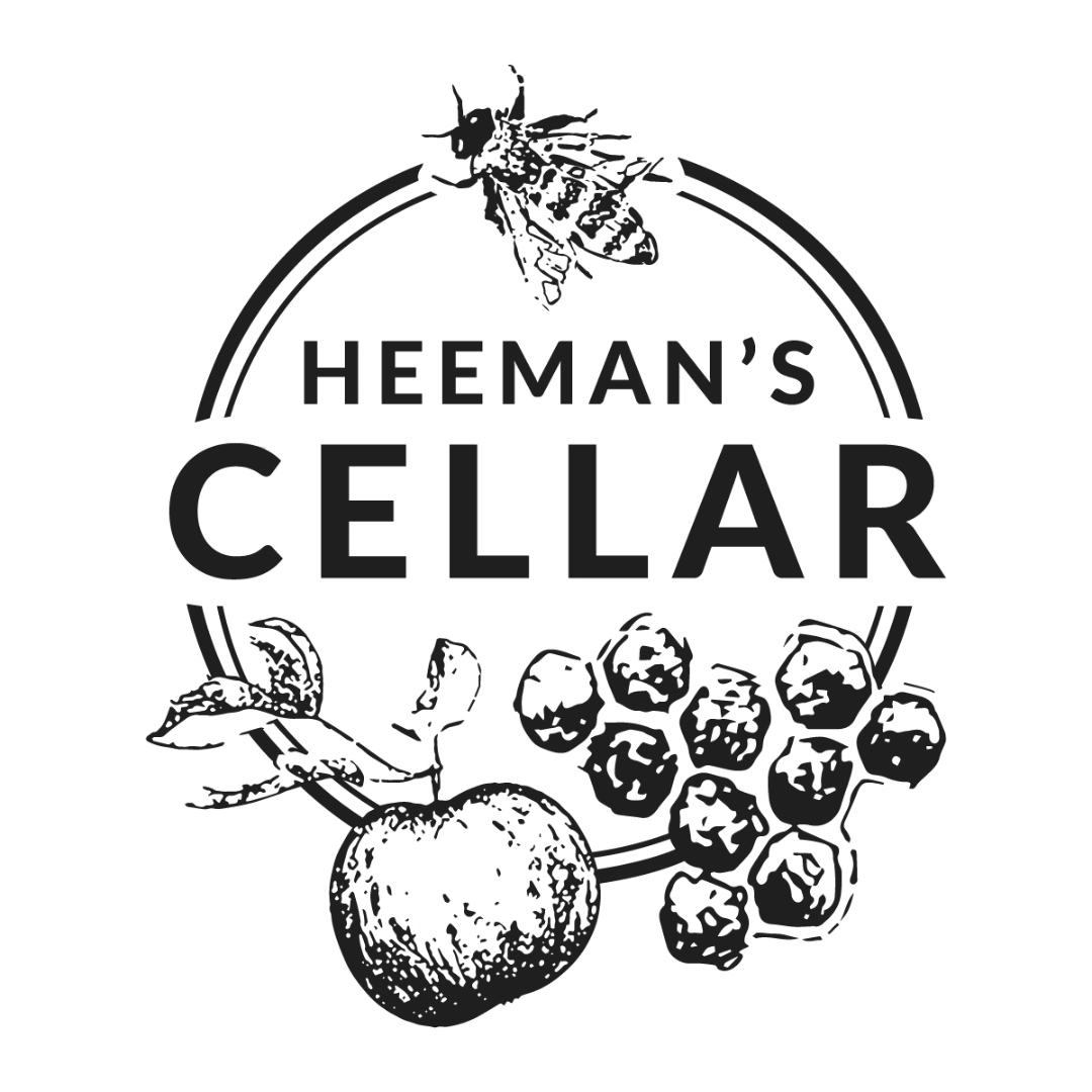 Heeman's Cellar logo: the words Heeman's Cellar inside an arched line, with an engraved honeybee above and a russeted apple with honeycomb below.